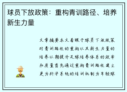 球员下放政策：重构青训路径、培养新生力量